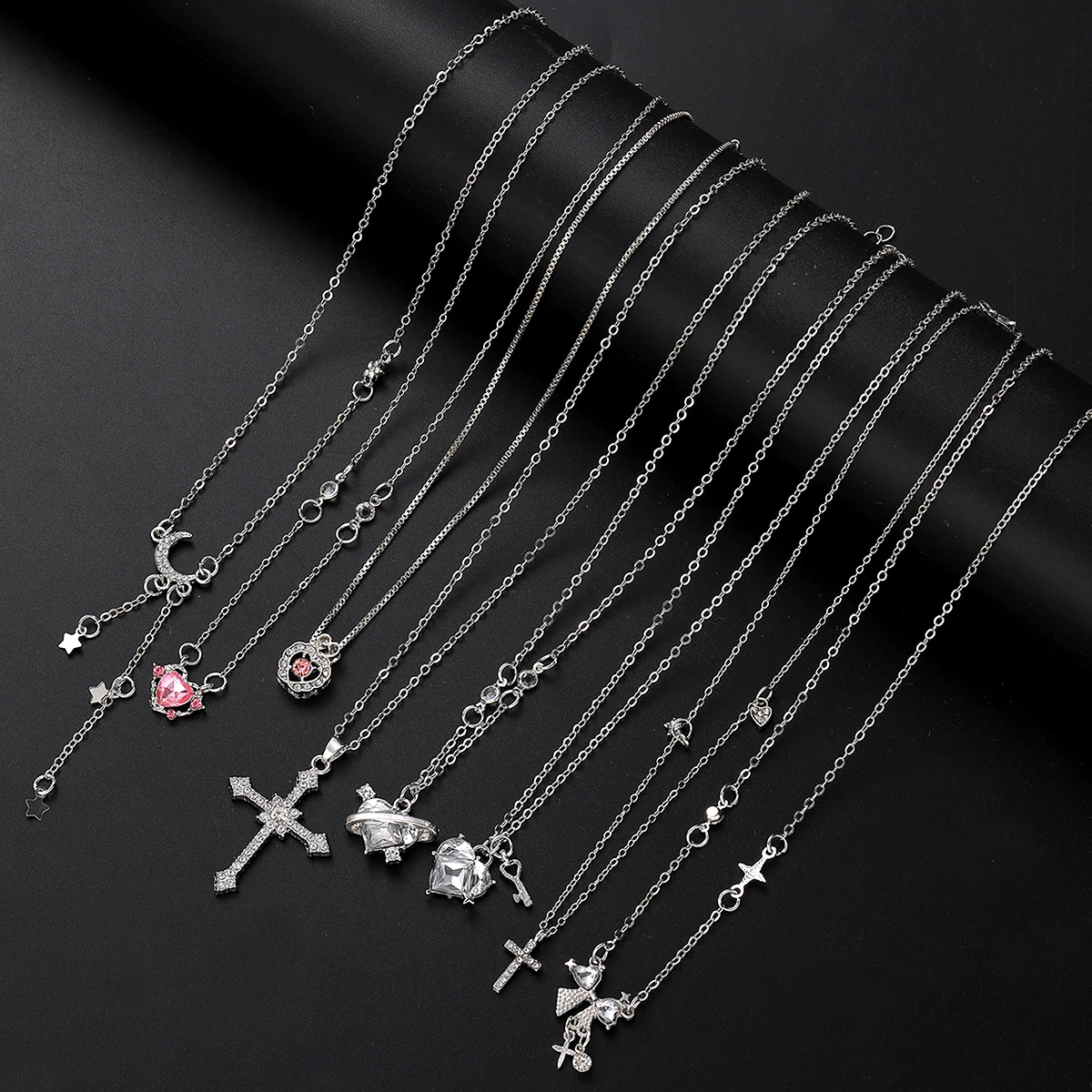 8pcs Y2K Crystal Heart Bow Cross Pendant Necklace Set For Women Fashion Kpop Shiny Clavicle Chain Necklaces Sweet Girls Jewelry image 5