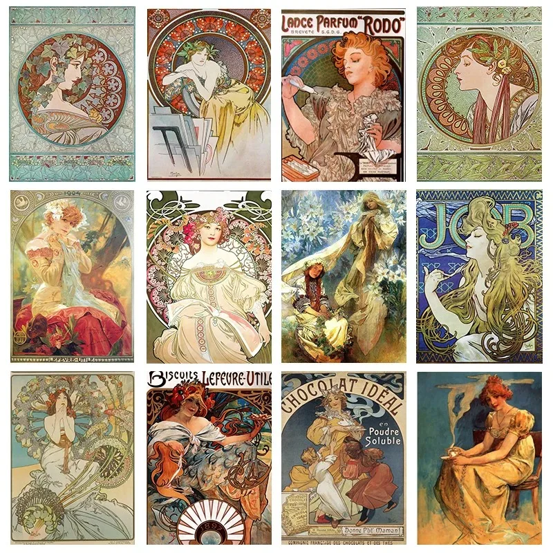 Czechoslovak Painter Alphonse Mucha Vintage Canvas Painting Posters and Print Wall Art Pictures for Living Room Home Decoration