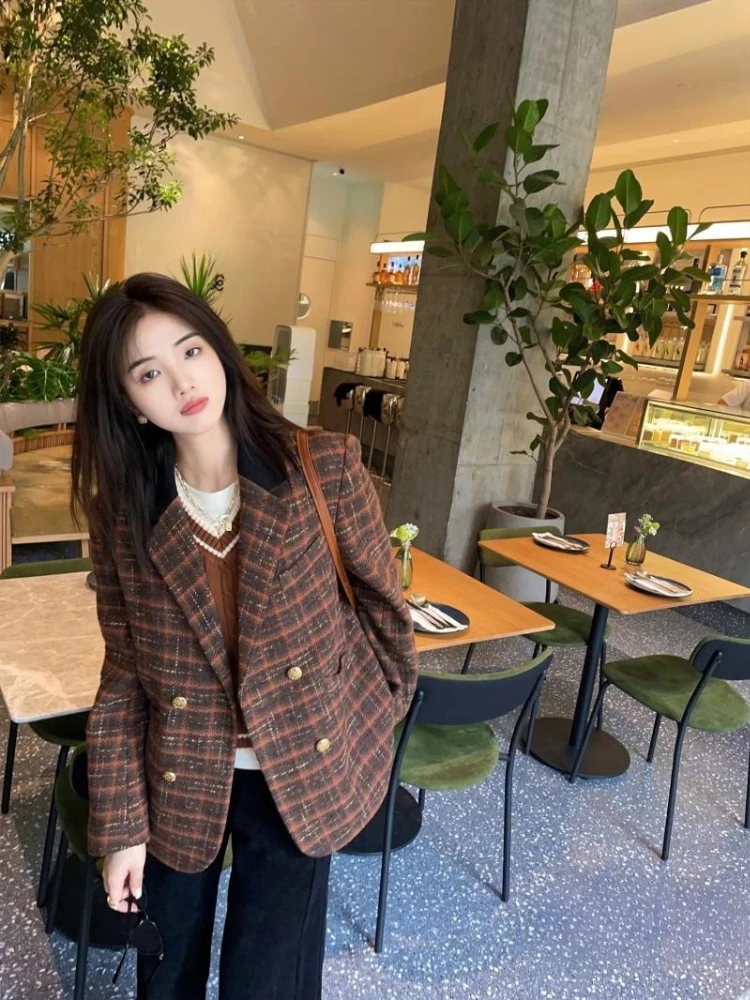 2026 Autumn Winter Women Houndstooth Blazer Vintage French Style Thick Warm Jacket Chic Petite Fashion Suit Coat