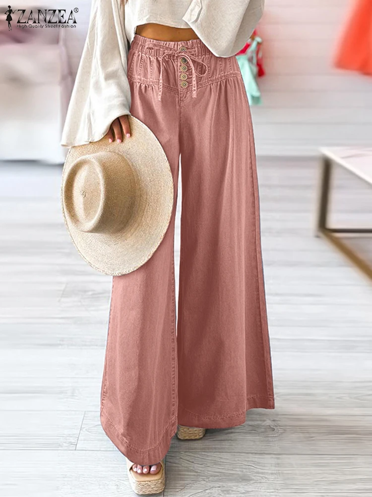 ZANZEA プラスサイズ レディース ワイドレッグパンツ ルーズ カジュアル レースアップ ウエストゴム ソリッドカラー 日常ズボン デニムルック L-5XL