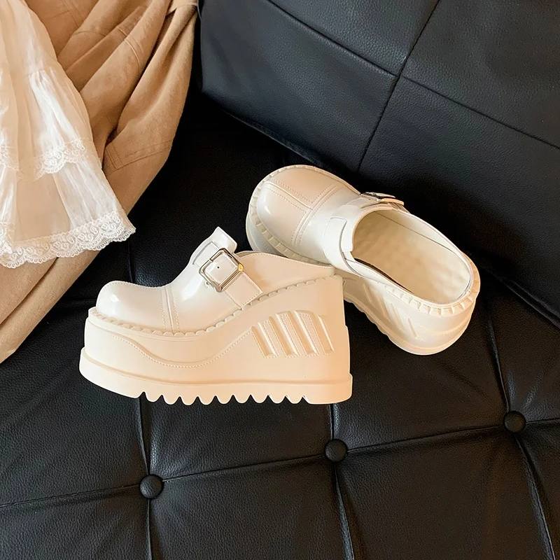 MKKHOU Fashion Sandals Women New High Quality Genuine Leather Shoes Round Head Thick Bottom Slippers Height Raising Women Shoes
