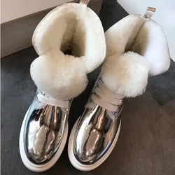 Silver Bling Wool Fur Lace -Up Snow Boots Round Toe Thick Sole Winter Fur Booties Patent Leather Women Fur Shoes
