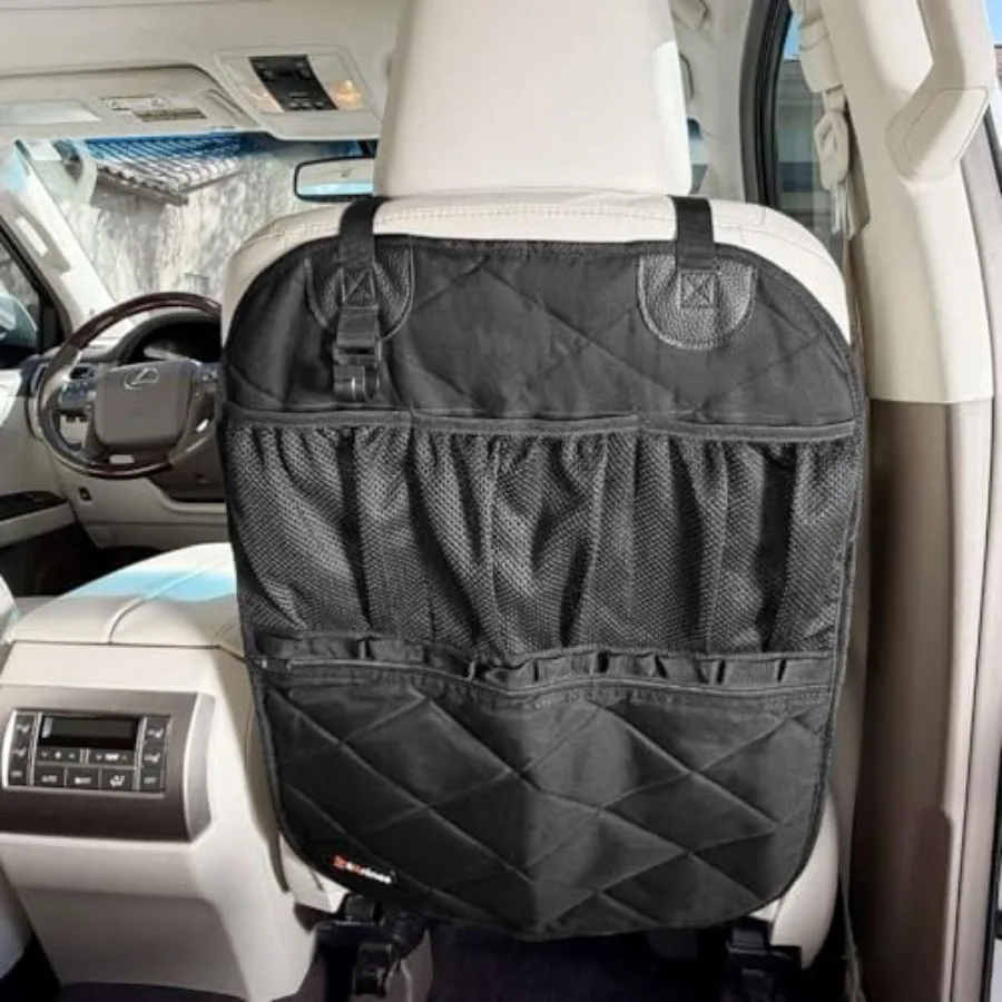 

Car Seat Back Organizer Heavy-Duty Kick Mat w/Mesh Storage Pockets, Bottle Hook UV-Resistant Hardware Waterproof Backseat Organ