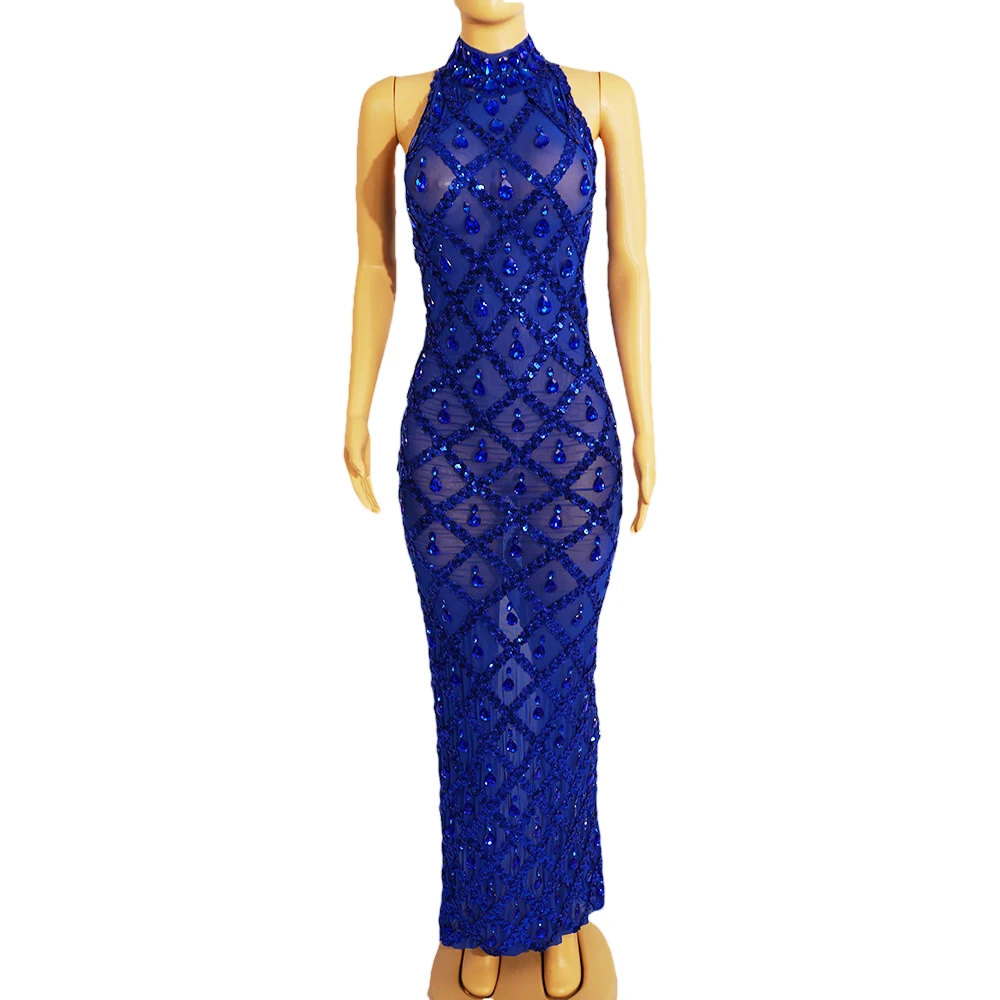 Blue Stones dress MermaidBodycon Halter Sleeveless Ballroom Evening Dress Festival Clothing Rhinstone Prom Special Ocassion Show