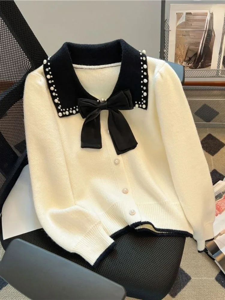 

French Small Fragrance Sweaters Bow Beading Turn Down Collar Contrast Color Cardigan Fashion Elegant All Match Women's Clothing