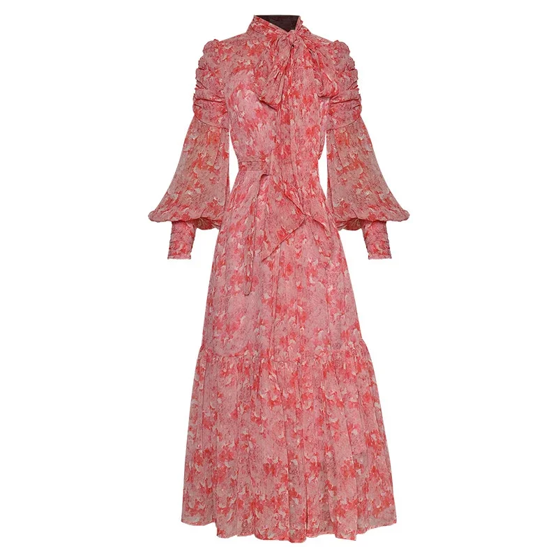 

2023 New Fashion Runway Spring Women Bow Lantern Sleeve Belted Floral Print Elegant Vacation Party Dresses