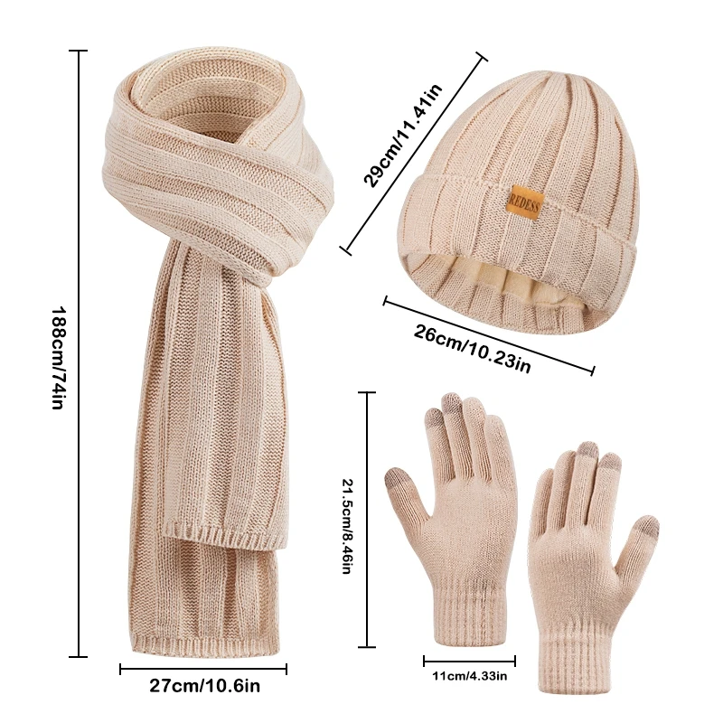 قبعة نسائية شتوية فضفاضة متماسكة، قفازات تعمل باللمس، وشاح طويل دافئ ومريح، طقم من ثلاث قطع، هدية رائعة