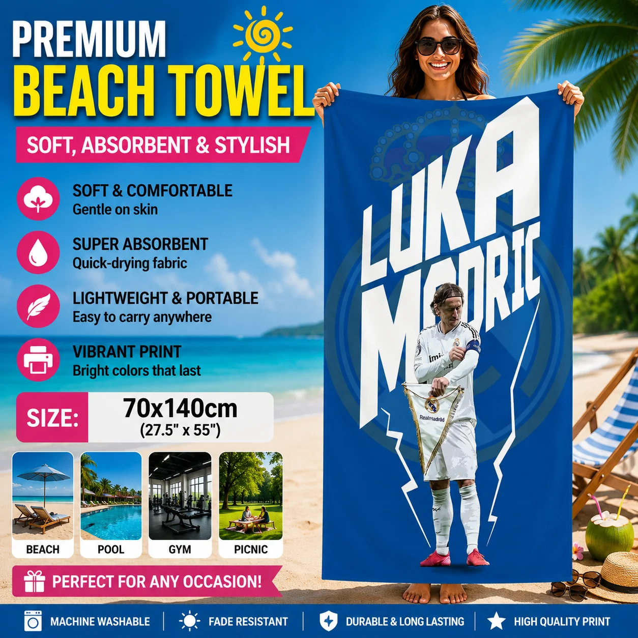 Modric Croatia NO.10 Beach Towel Soccer Cup Large Quick-drying Towel Suitable for Beach Yoga Pool Gym Sport Summer Towel