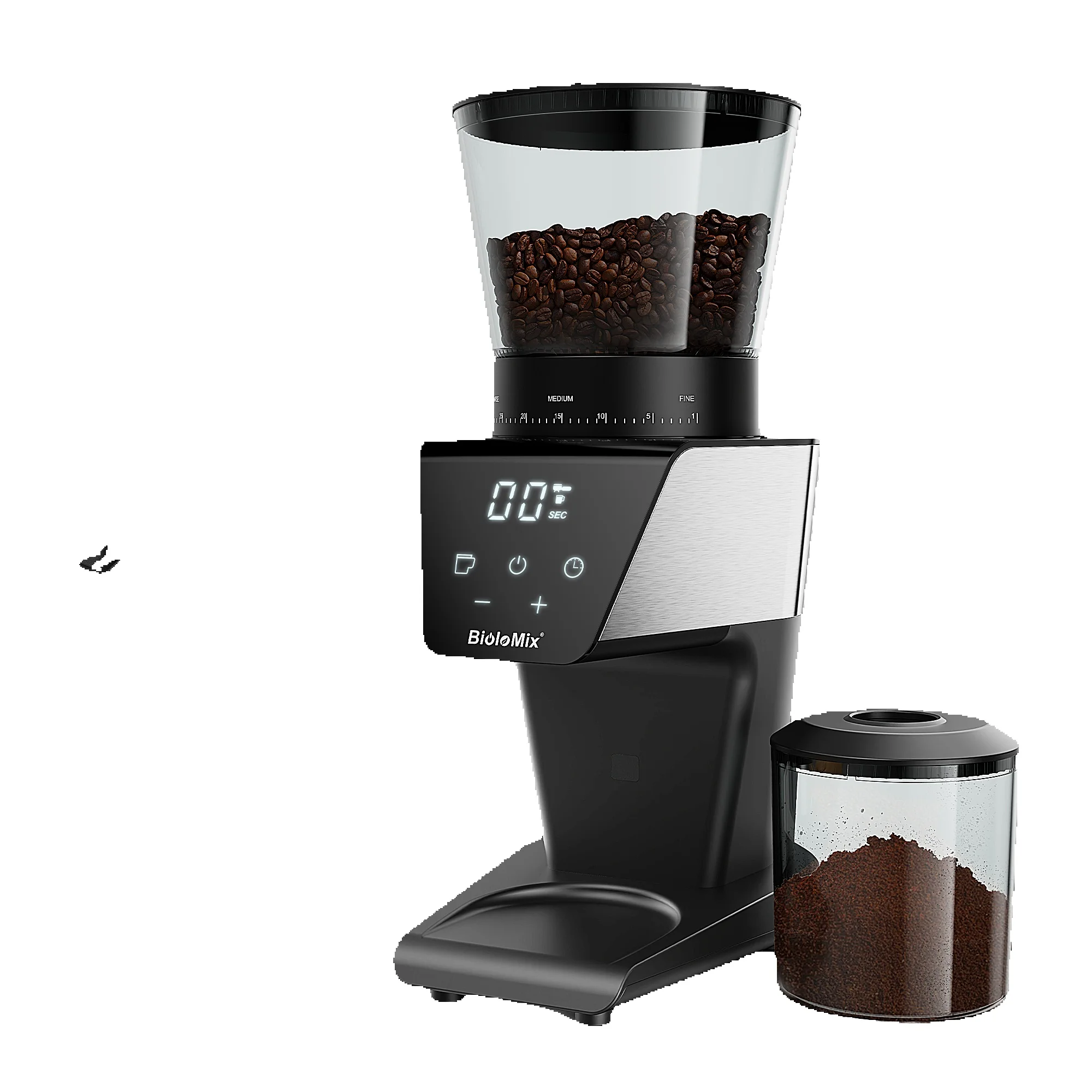BioloMix Elektrische Kaffeemühle mit Magnetring - 30 Präzise Mahlgradeinstellungen für Espresso, Americano und Pour-Over-Kaffee