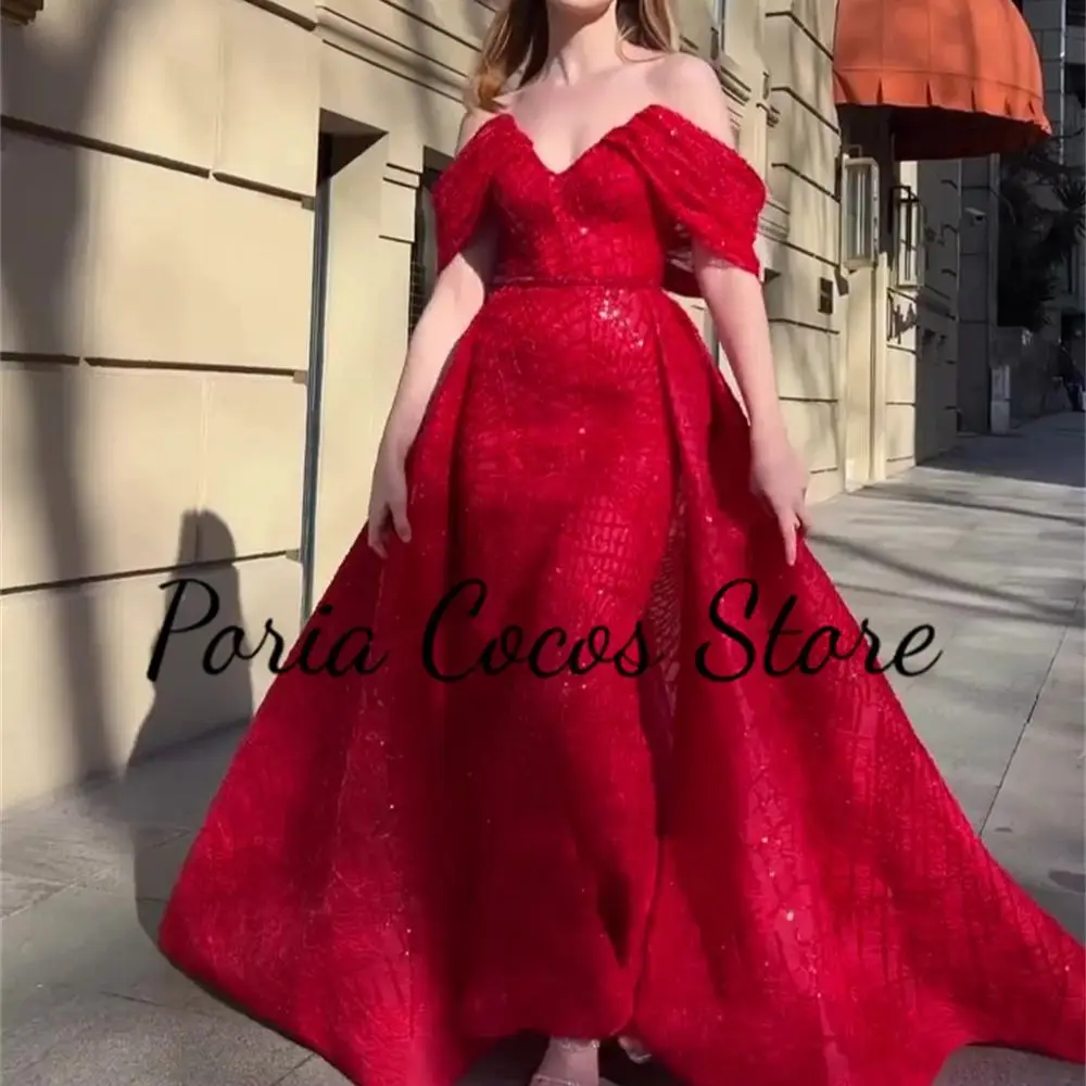 Sheath V-neck Prom Gown Red Glitter Sequins Off Shoulder Pleated Backless Women's Sleeveless Party Dresses فساتين سهرة فخمه