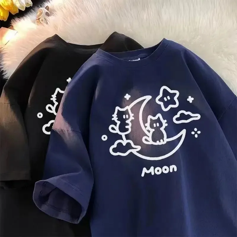 2024 Summer Individualized Street Trend Casual Couple Loose Short Sleeve Korean Cartoon Cat Print Men Women Graphic T-shirt Top