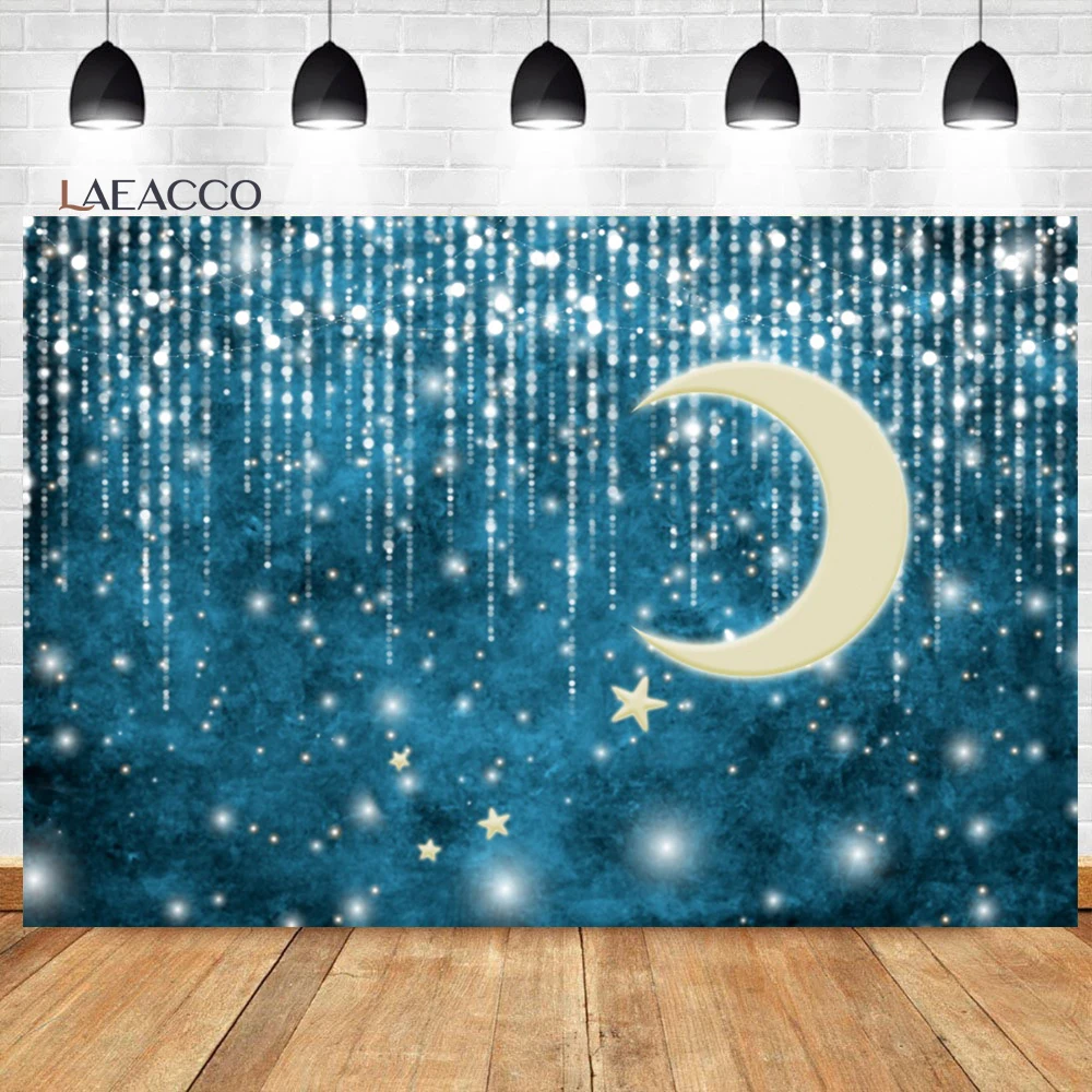 

Laeacco Shiny Moon Stars Background Night Twinkle Starry Sky Baby Shower Kids Newborn Portrait Customized Photography Backdrop
