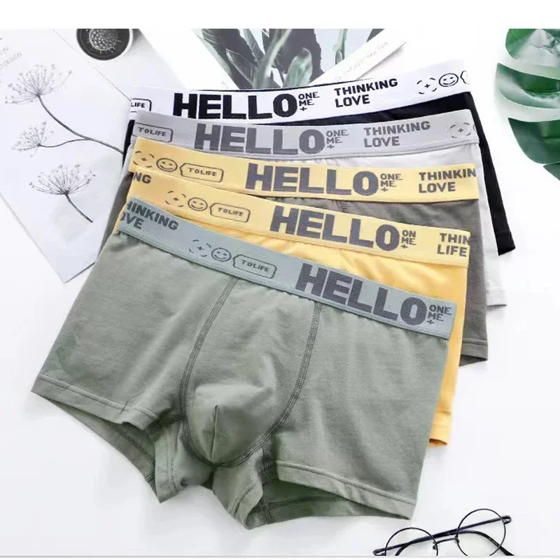 

5PCS Men Breathable Boxer Shorts Four-corner Shorts Teenagers Knitted Pure Color Mid-waist Design