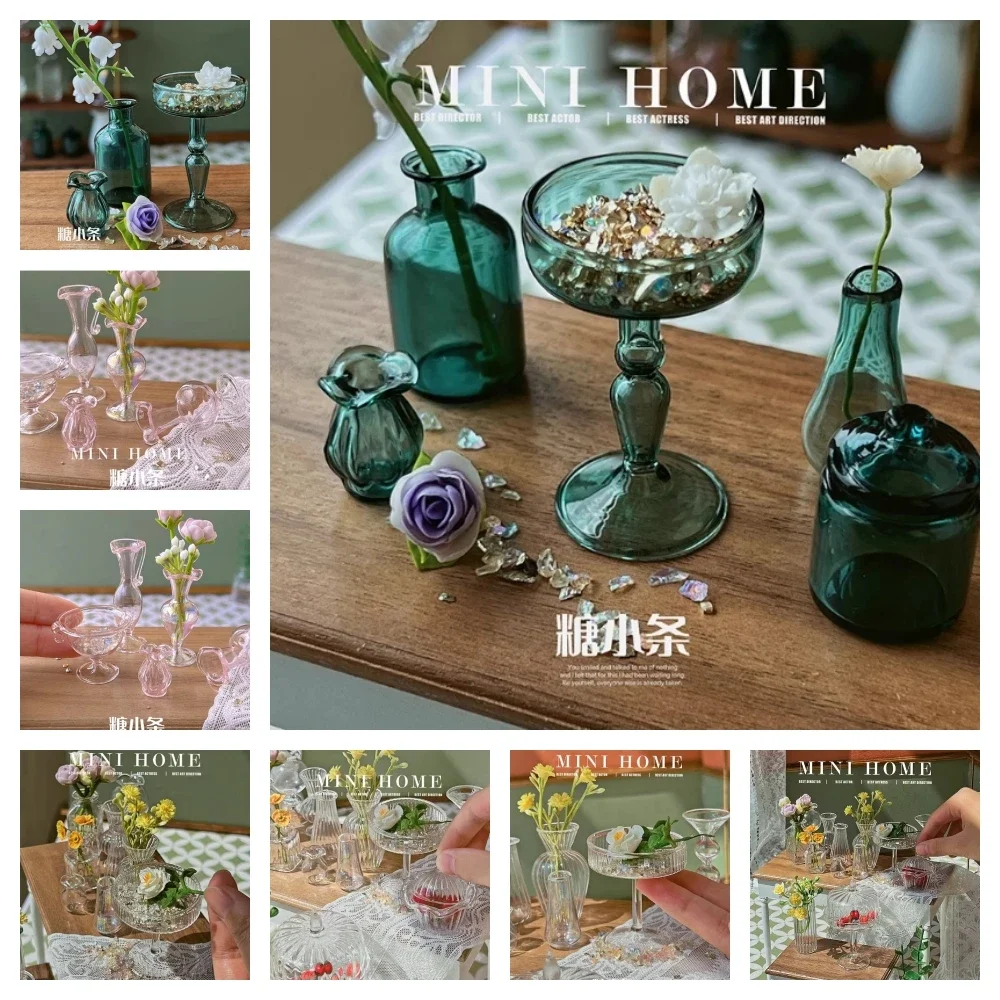 12 Points Doll House Decorative Vase OB11 European Glass Bottle BJD Flower Shop Photography Display Model Pink Dark Green Vase