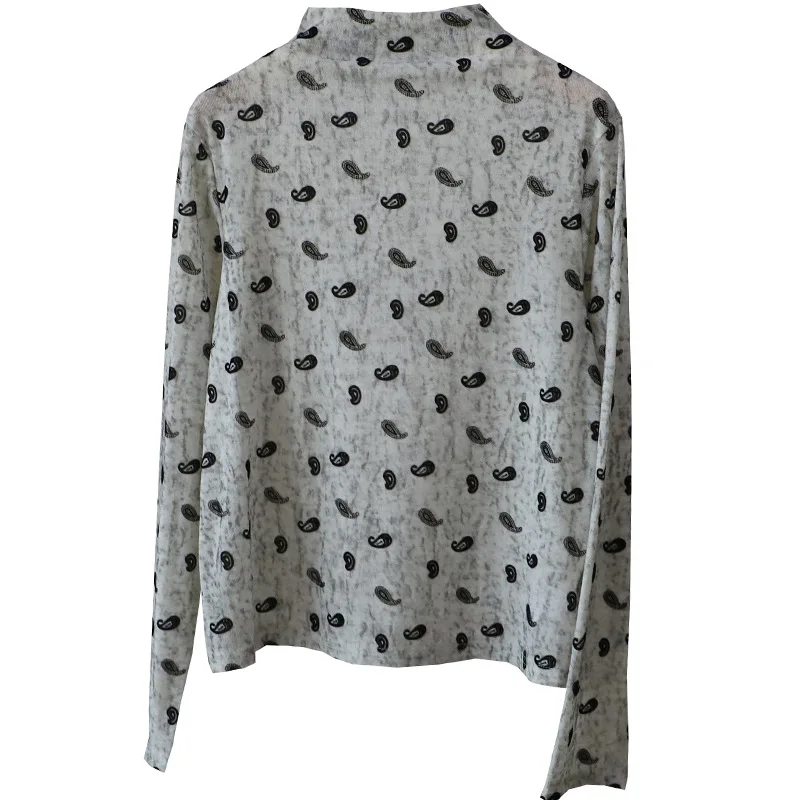 Ele f ذوي الياقات العالية رقيقة لي طويلة Sve تي شيرت المرأة أوائل الخريف جديد Sle Caew زهرة قاعدة عائمة irt