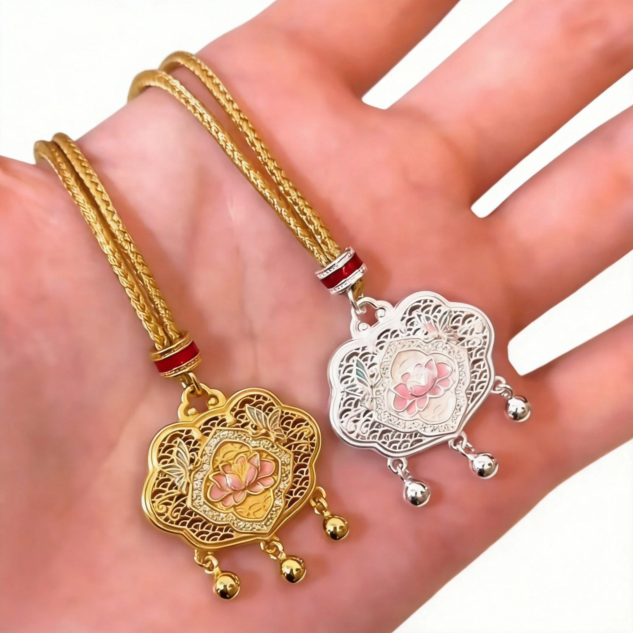 Chinese Style Lucky Double Sided Lotus Safety Lock Pendant Necklace For Women Long Sweater Chain Electroplated Gold Silver Bless