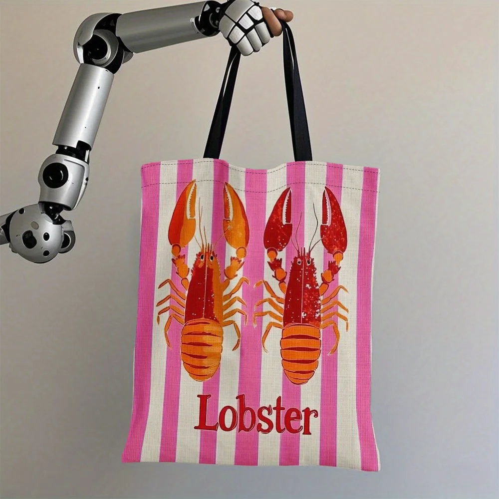 Bolso Tote con Estampado de Langosta y Rayas Rosas para Mujer - Bolso de Compras/Hombro Reutilizable y Espacioso, Ideal para Mujeres, Viajes, Playa