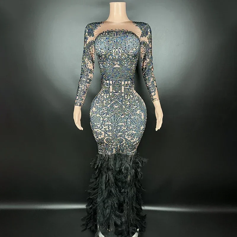 Mesh Long Sleeve Banquet Bar Performance Sequins Skirt Feather Emcee Evening Dress