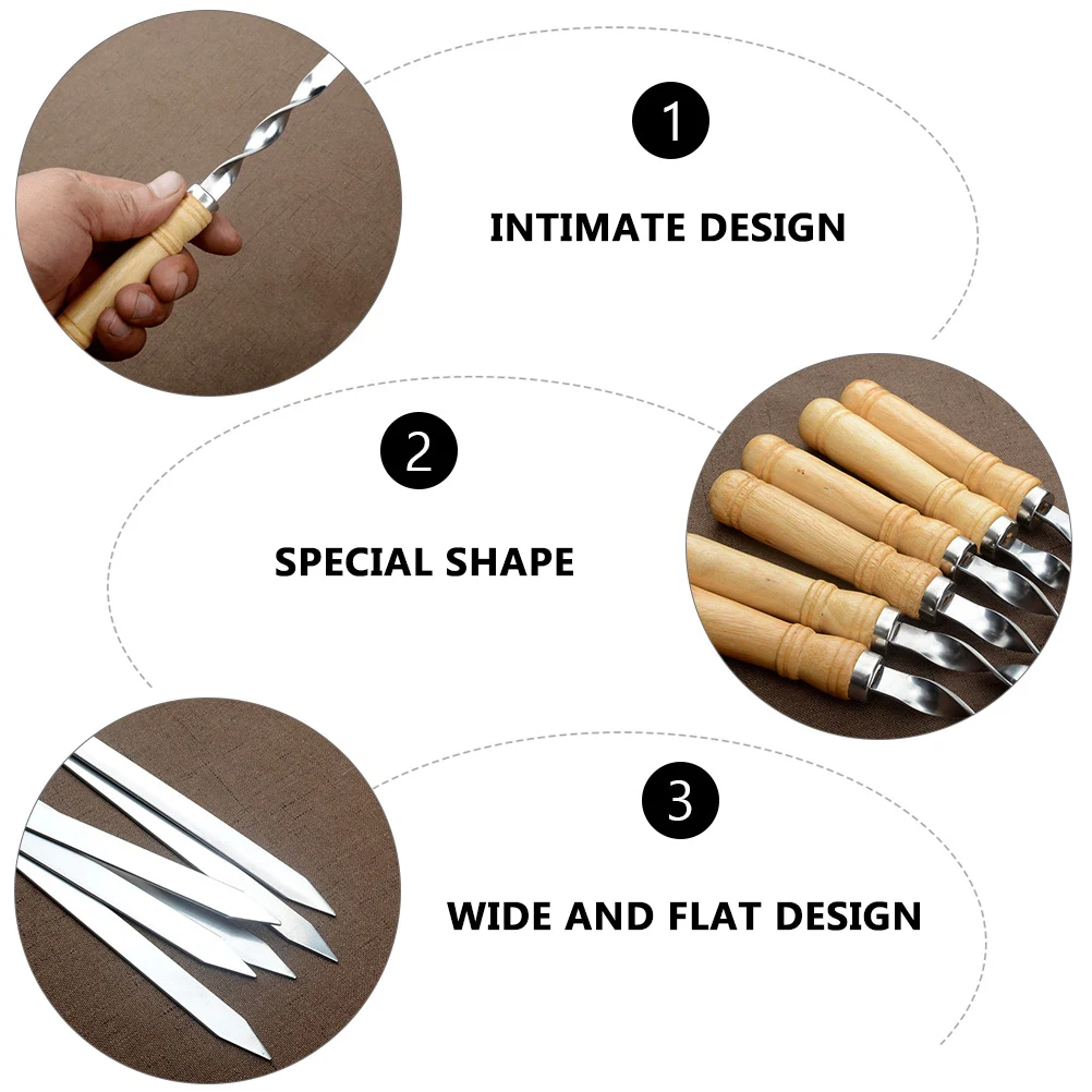 

6 шт., шампуры для барбекю из нержавеющей стали, деревянная ручка, мясная палочка, инструменты для гриля, кебаб, длинные, прочные, легко чистящиеся, многоразовые, для здоровья