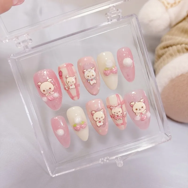 Kawaii Rilakkuma Cartoon Pink False Nail Press-on Nails Print Strawberry Bear Handmade Manicure Patches Y2k Girls Birthday Gift