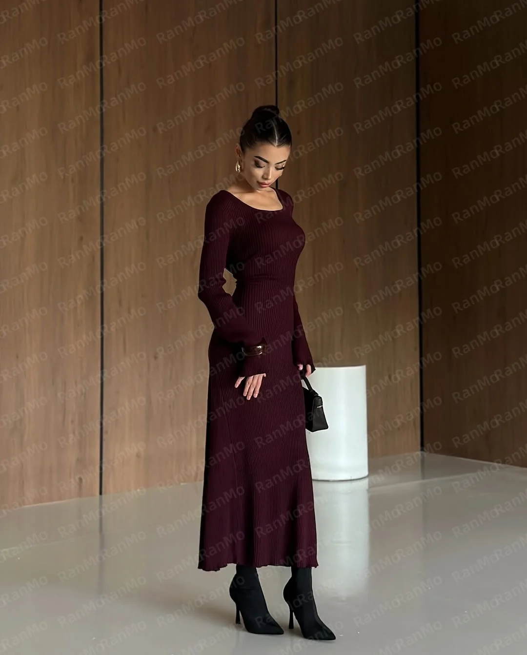 Ranmo Wine Red Exquisite A-line Knitted Dress 2026 Boat Neck Cap Sleeves Ankle-Length Customized Leisure and Formal Occasions