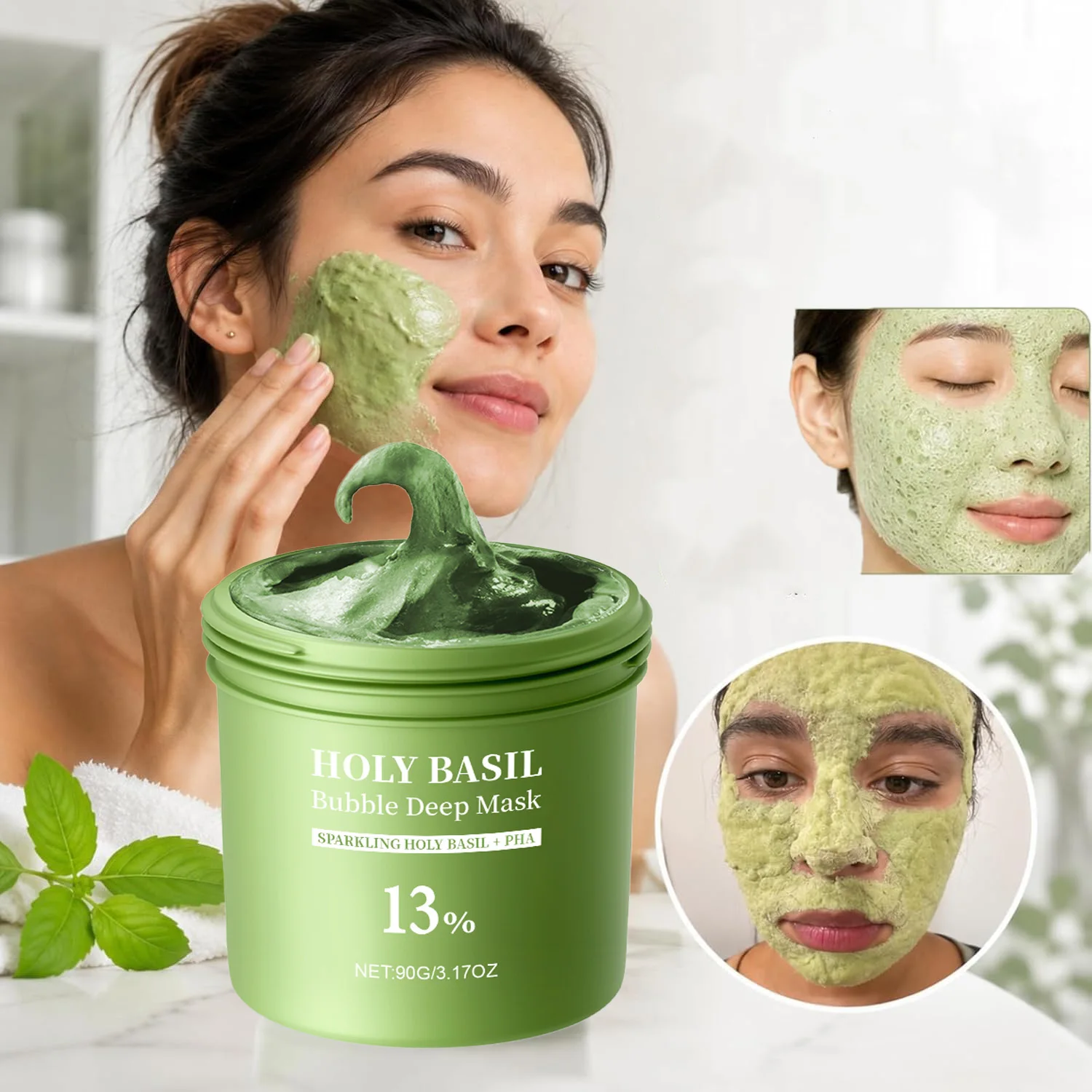 Masque Facial Moussant au Basilic Sacré et à l'Extrait de PHA, Nettoyant Doux et Hydratant, 90g