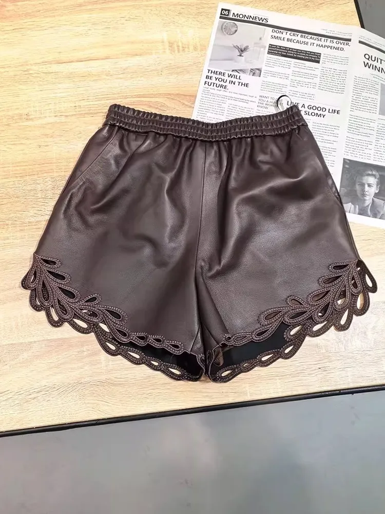 Vintage Autumn Women Hollow Out Floral Embroidery Real Sheepskin Shorts Casual Streetwear Flare Trousers Genuine Leather Shorts