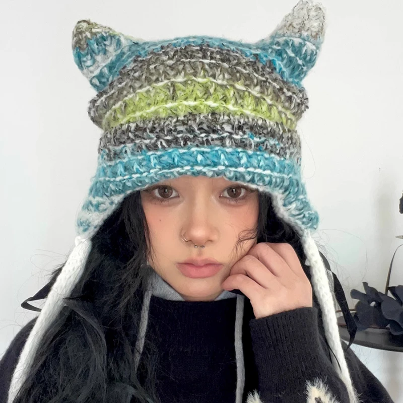 Japanese Cute Cat Ear Mixed Color Thermal Cover Knitted Hat Outdoor Ear Protection Strap Personalized Skull Beanie Cap for Women