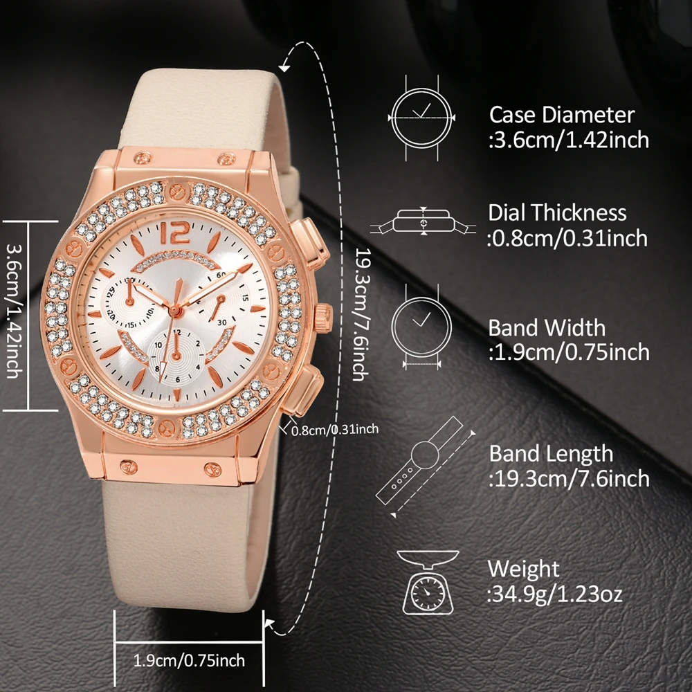 Beige 2PCS/Set Women Watch Sun Pattern Elements Dial Quartz Wristwatch PU Leather Strap Watch Jewelry Set Gift For Women