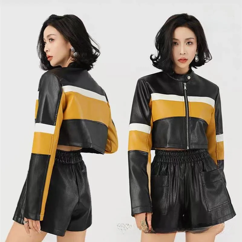 Sexy ort PU cuir Jaet femmes coupe ajustée col montant contraste couleur épissage moto Sle Faionable Biker manteau