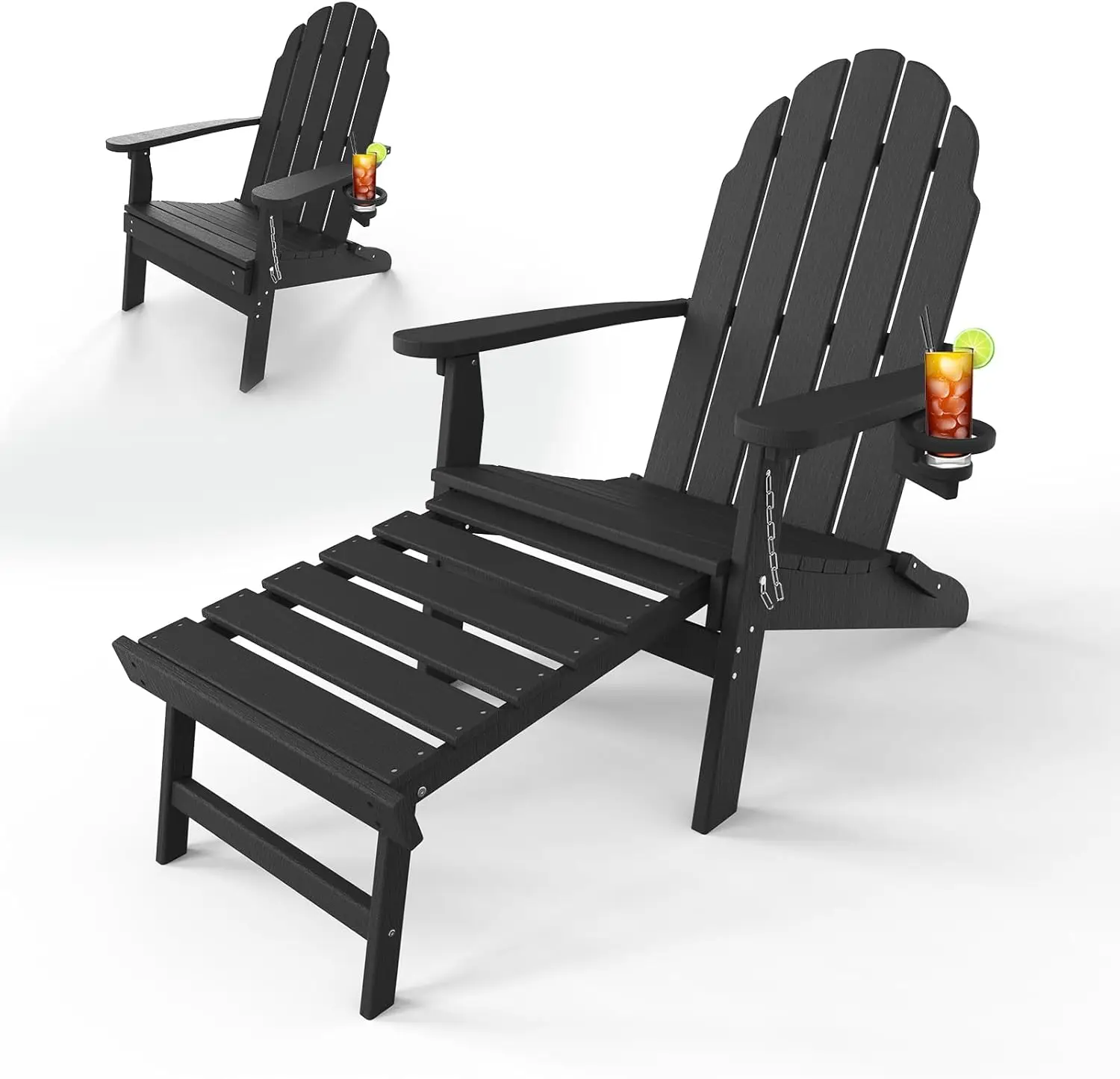 Chair with Ottoman, Folding Adirondack Chair with Cup Holder, Weather Resistant, HDPE Pre-Assembled Outdoor Chairs for Porch, Po