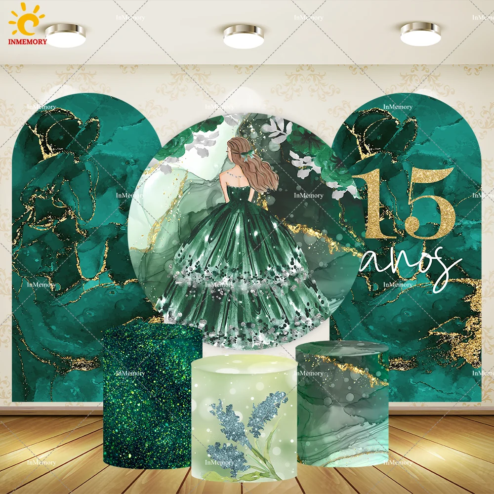 Capa de parede personalizada para arco de casamento, vestido quinceanera verde, doce, 16o aniversário, cenário redondo, bolo, mesa, capas de cilindro