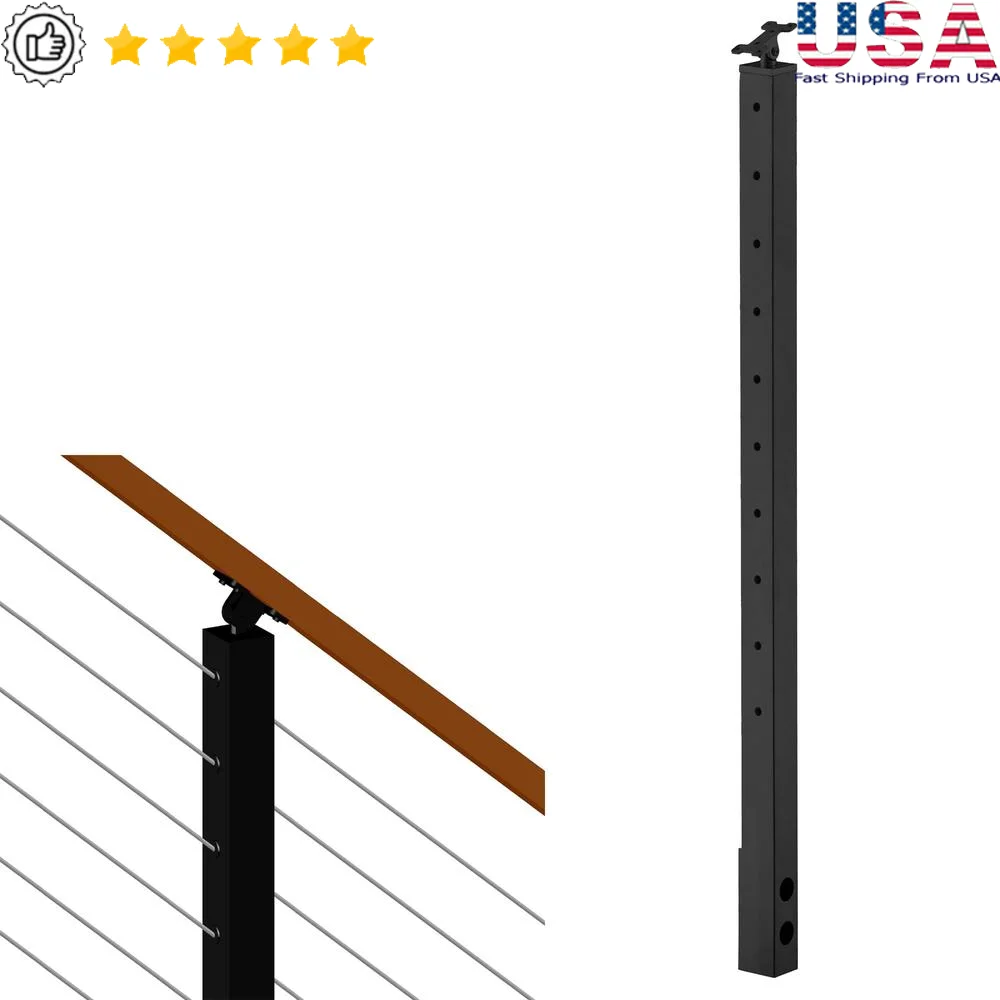 Stainless Steel Square Cable Railing Post Fascia Mount Kit 36"x2"x2" 30°Angle Pre-drilled Side Metal Stair Wood Kit Set Angle