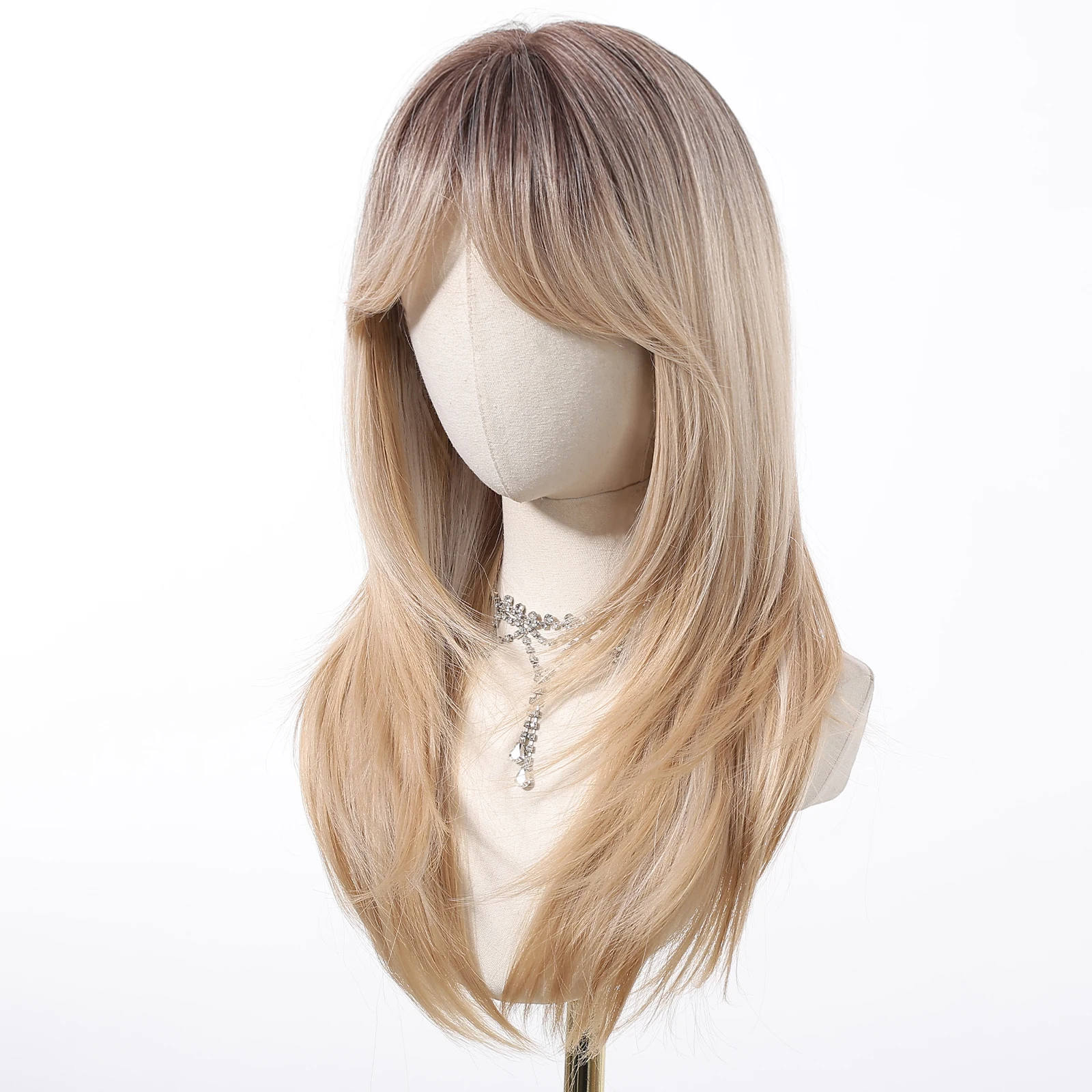 Ombre Blond Peruki Długie Proste Warstwowe Peruki z Grzywką Mieszane Blond Naturalna Syntetyczna Peruka dla Kobiet Codzienna Impreza Odporna na Ciepło