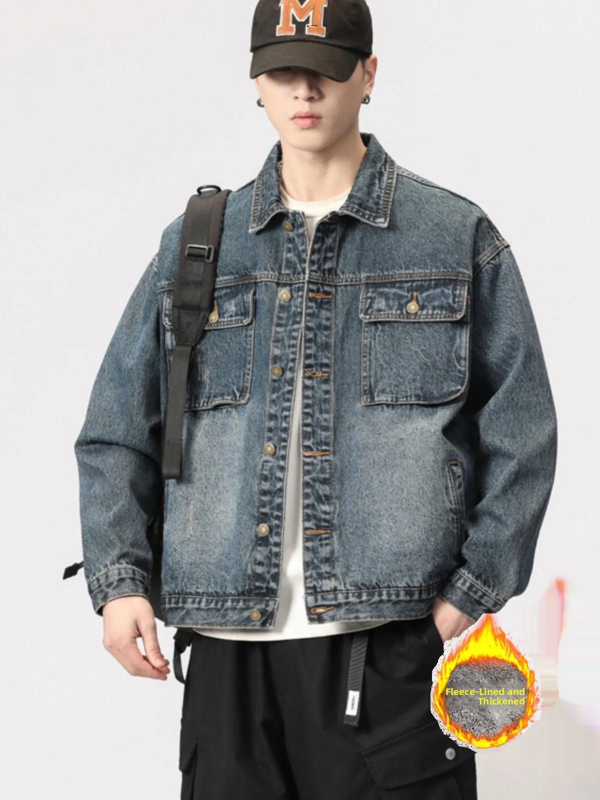 

Мужская утепленная джинсовая куртка на флисовой подкладке, осенне-зимняя, винтажная, повседневная, рабочая, молодежная, модная, с множеством карманов