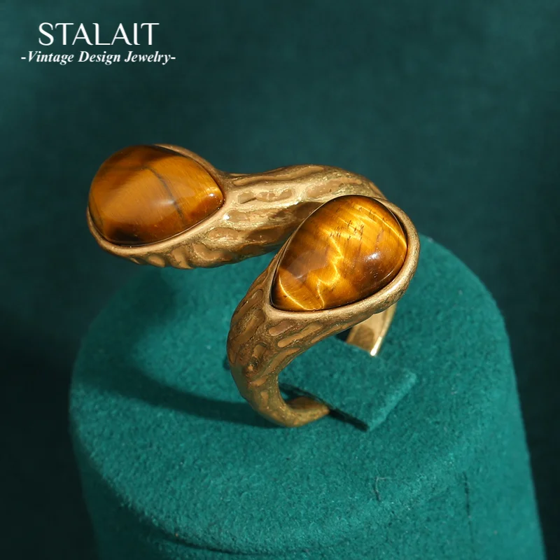 

Vintage Tiger Eye Natural Stone Rings Water Drop Opening Cross for Women Party Antique Jewelry Geometry Luxury Gold Color Retro