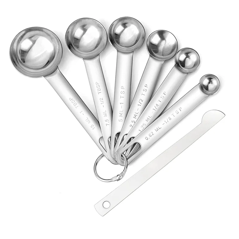 Stainless Steel Measuring Spoons Cups Set, Small Tablespoon, Teaspoons, Set 6 with Bonus Leveler, for Dry and Liquid