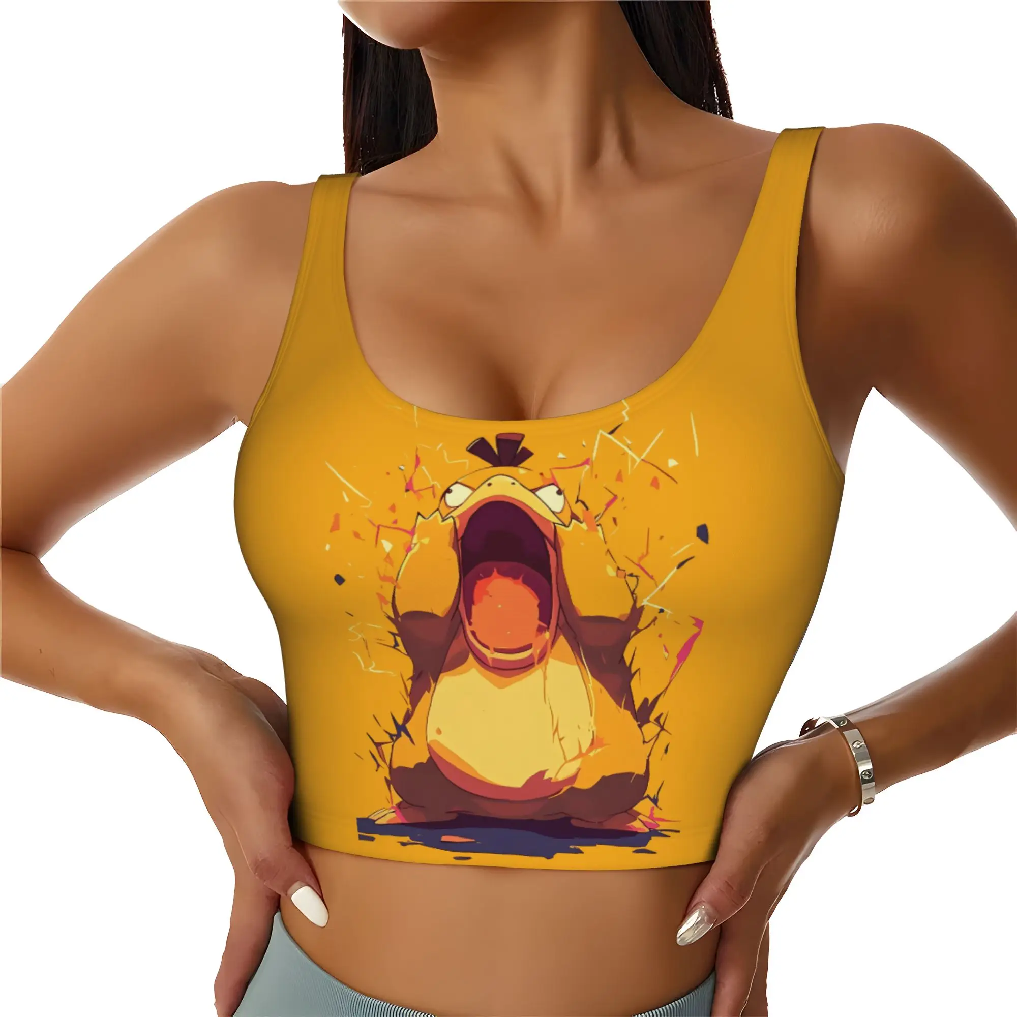Custom Women P-Psyducks Sports Bras Duck Anime High Impact Gym Workout Running Crop Tank Tops