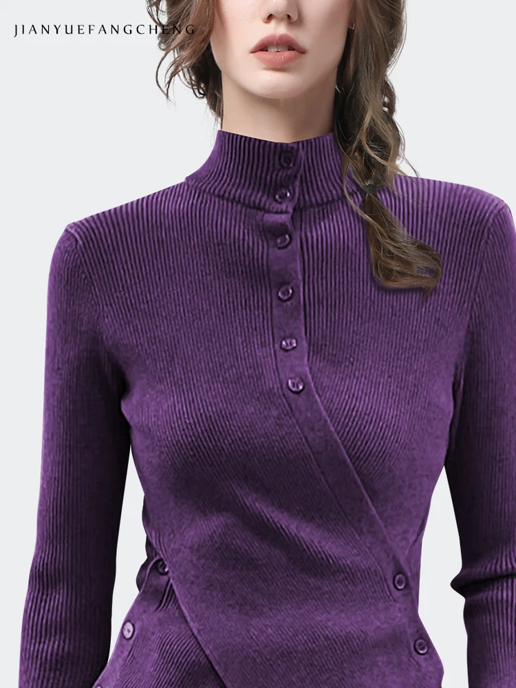 Fashion Womens Turtleneck Skinny Purple Wool Sweater Irregular Crossed Button-down Knitted Cardigan Tops