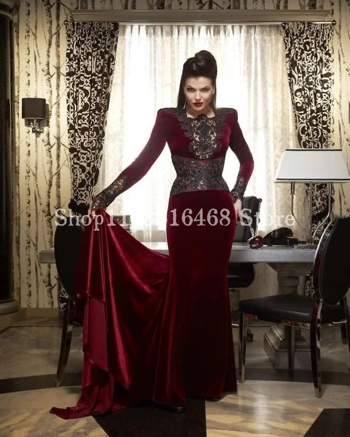 

Victoria Sexy Prom Dress Elegant Black Applique Lana Parrilla's Velvet Burgundy Dress in 'Once Upon a Time' vestidos de festa