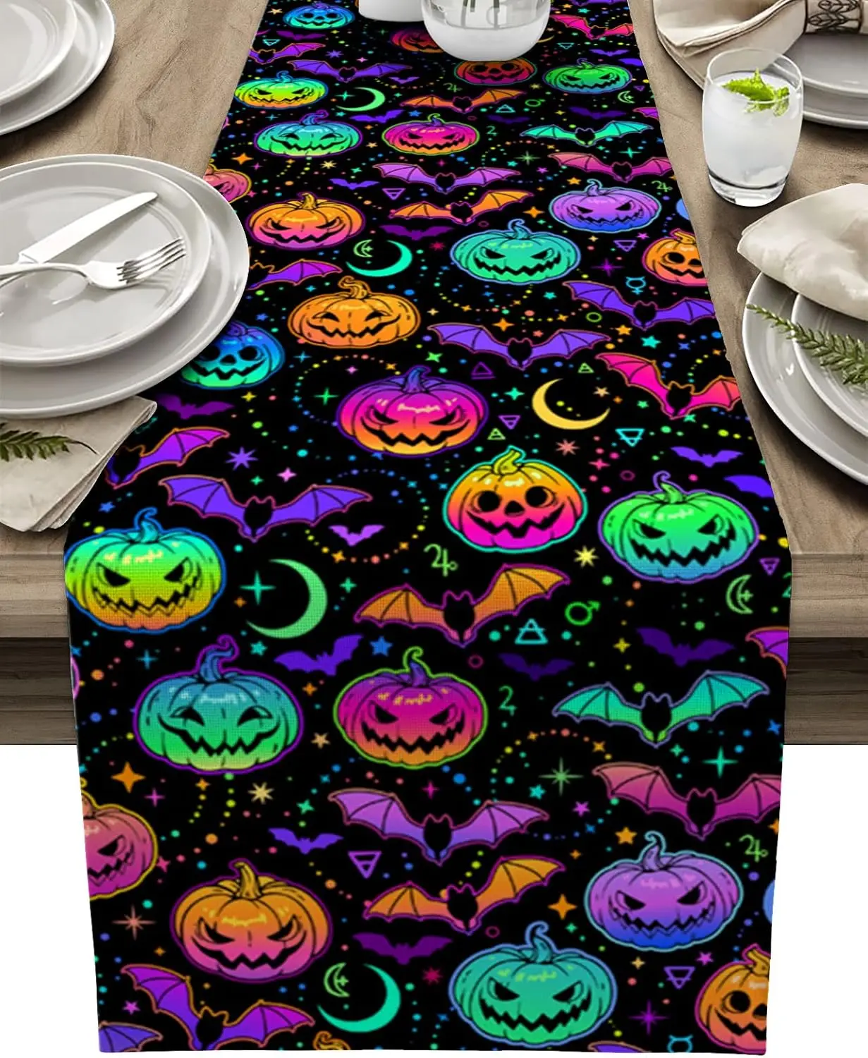 Halloween Colorful Pumpkin Bat Linen Table Runners Holiday Party Decor Washable Kitchen Dining Table Runner Halloween Decoration