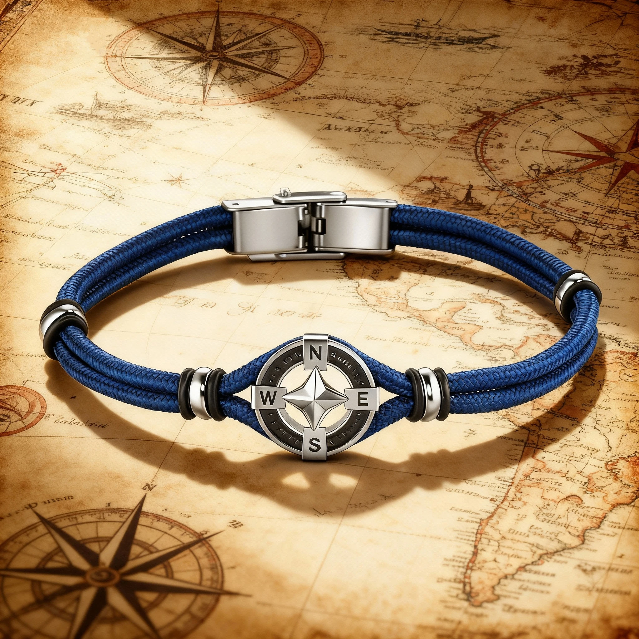 سوار بنمط بوصلة بحرية للرجال، سوار أزرق قابل للتعديل لملابس المعصم تحت عنوان الملاحة للجنسين