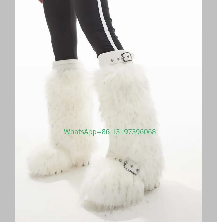 Lady White Fur Chunky Heel Platform Knee Boots Buckle Strap Fur Feather Punk Y2K Runway Mary Janes Fur Boots Size 35-46 Footwear