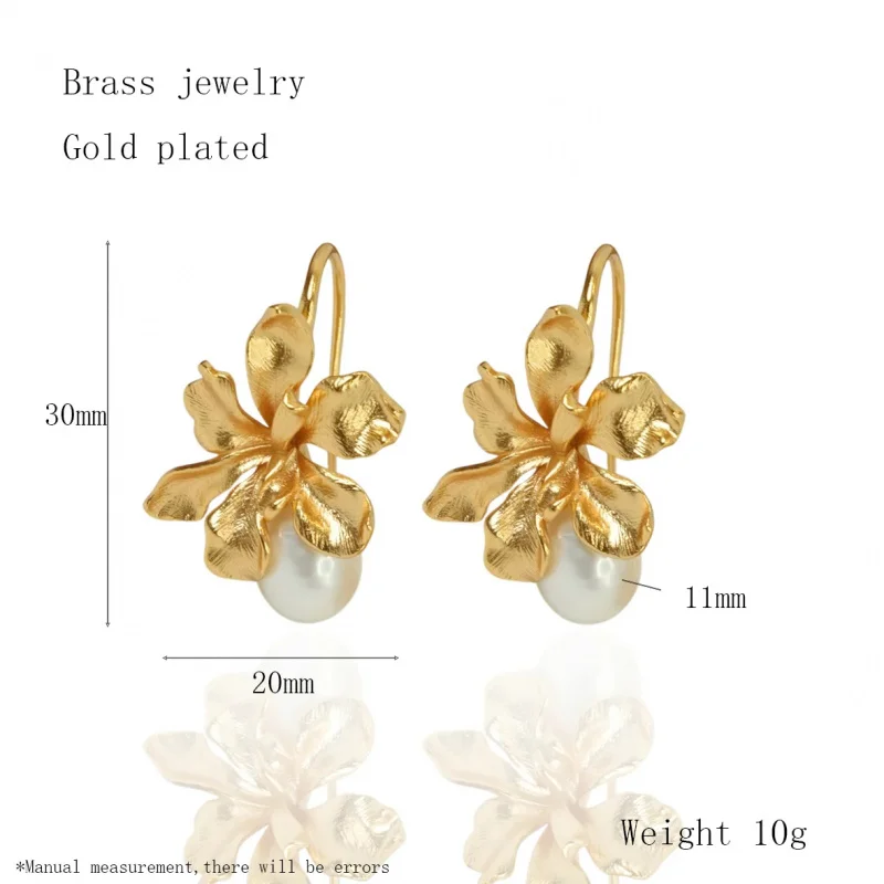 Litheline 24K Gold Plated Brass Iris Flower Fish Hook Earrings, Baroque Pearl Lead-Nickel-Sensitive Piercings Friendly view 2