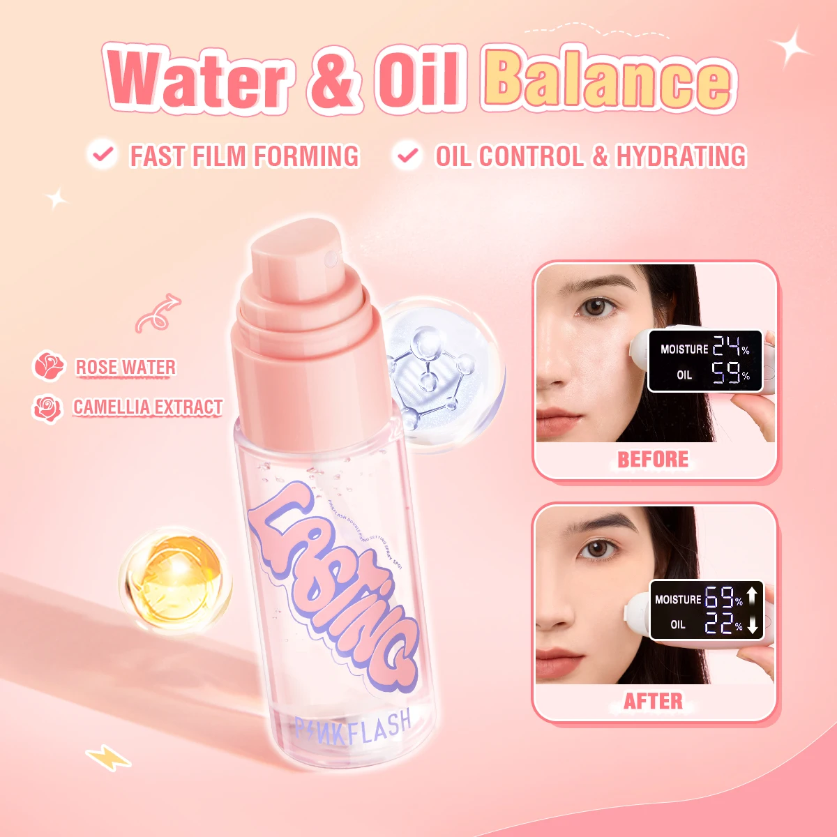 PINKFLASH Moisturizing Setting Spray Matte Oil-control Lock Fast Film Forming Long-lasting Face Makeup Cosmetics for Women