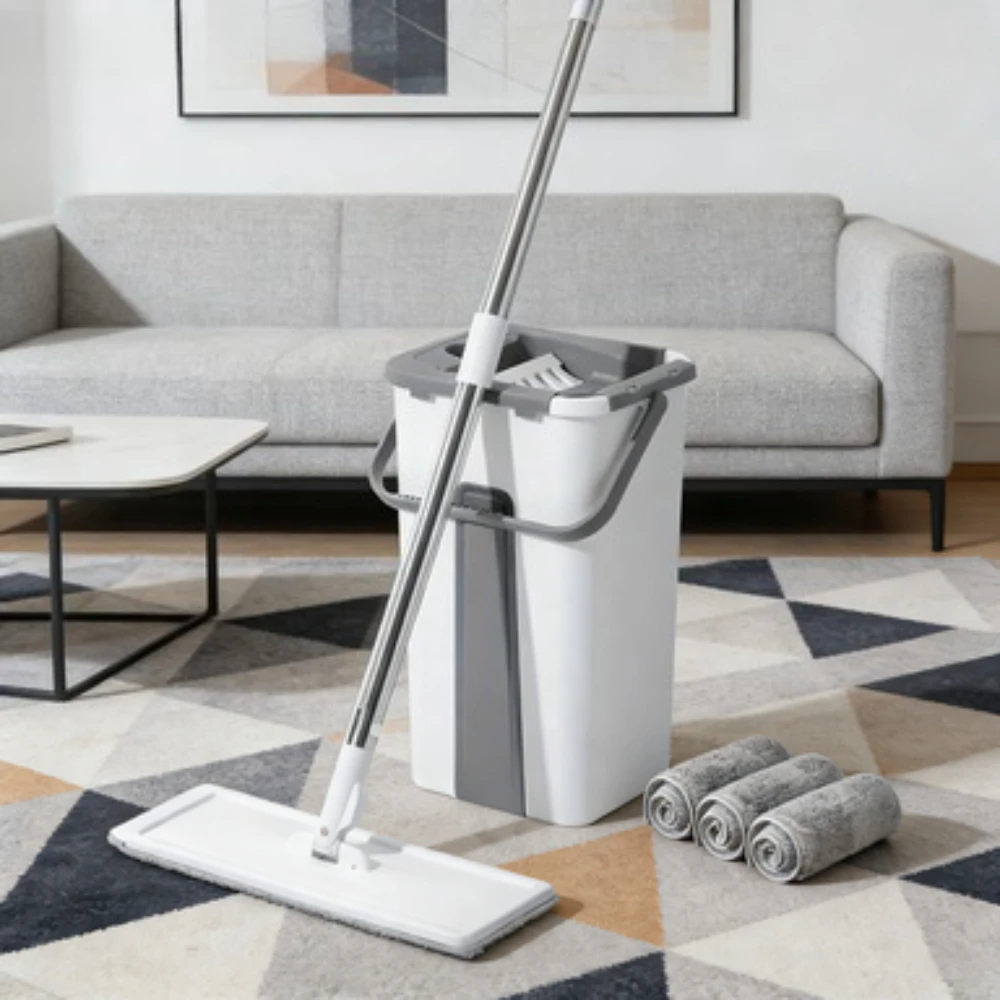 

Набор для уборки: швабра с отжимом и ведро, система для мытья полов с 3 сменными насадками из микрофибры для влажной и сухой уборки всех типов полов