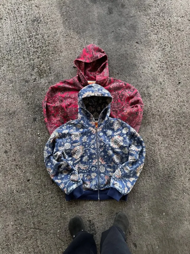 Sudadera con capucha de gran tamaño con estampado digital retro americano Carter para hombre, ropa de calle Y2K, Sudadera con capucha holgada de moda Harajuku con cremallera, estilo de pareja