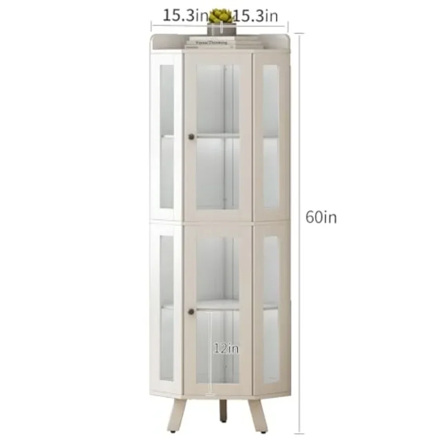 60'' Tall Freestanding Corner Cabinet with Glass Doors for living room, engineered wood, white, adjustable shelves and soft-clo
