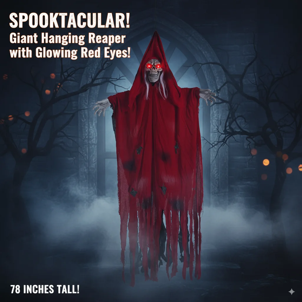 

Halloween Giant Hanging Reaper Skeleton 200cm Glowing Red Eyes Sound Sensor Ghost Outdoor Porch Party Haunted House Yard Decor