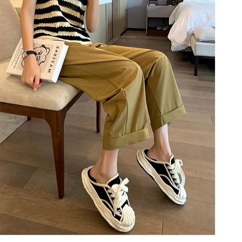 Spring Autumn Women\'s Clothing Casual Elastic High Waisted Pockets Solid Color Fashionable Retro Straight Vintage Trousers Pants